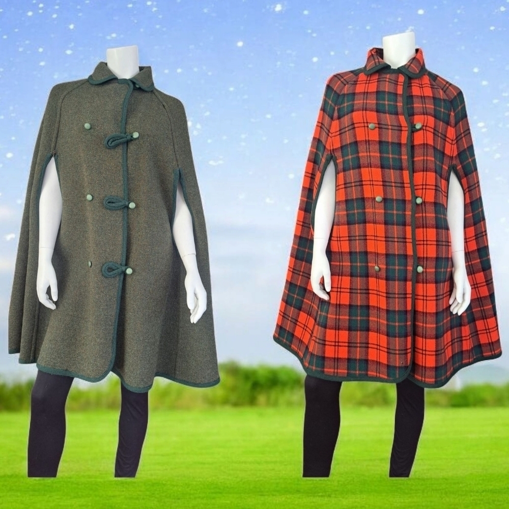 Vintage Pure New Wool Reversible Cape Green & Red & Green Plaid